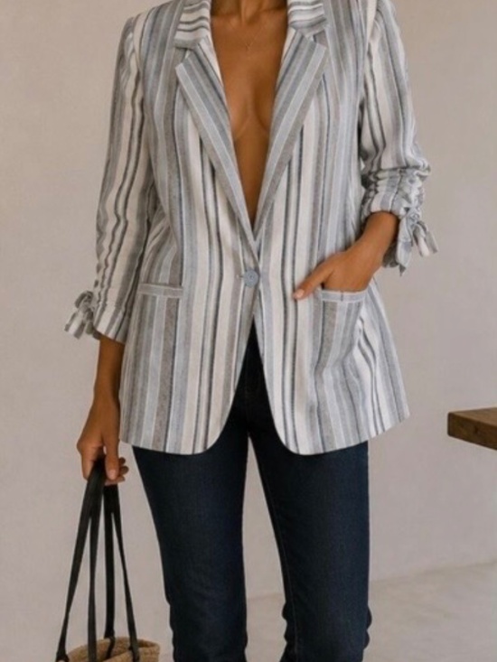 Drew Jackets & Blazers - NWOT - DREW STRIPED BLUE GRAY WHITE JACKET - LINEN BLEND - SIZE S